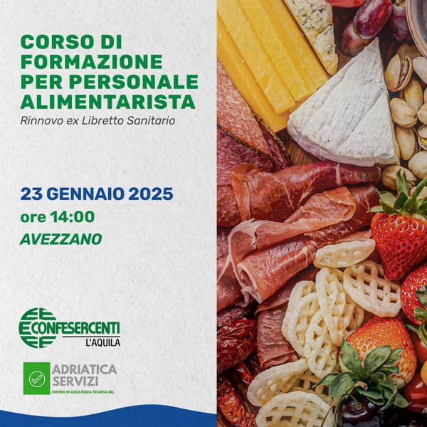 Corso di Formazione per Personale Alimentarista – 23 Gennaio 2025 – Avezzano
